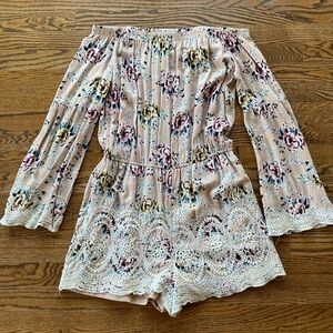 Long sleeve off the shoulder floral and lace romper